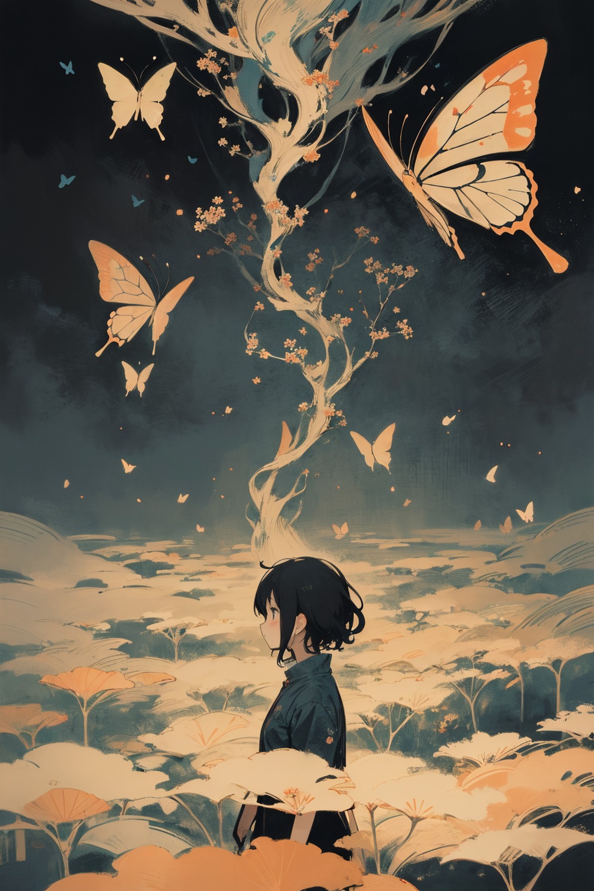 anime, abstract art, (style of Yuko Shimizu:1.3), (dark theme:1.1), dark Gray theme, butterflies, dark stars, 1girl, field...